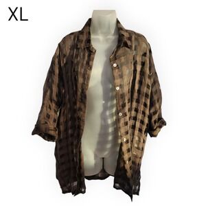 Vtg XL Brown Check Shirt Cottagecore Grunge Boho Blouse Italian Linen Puro Lino